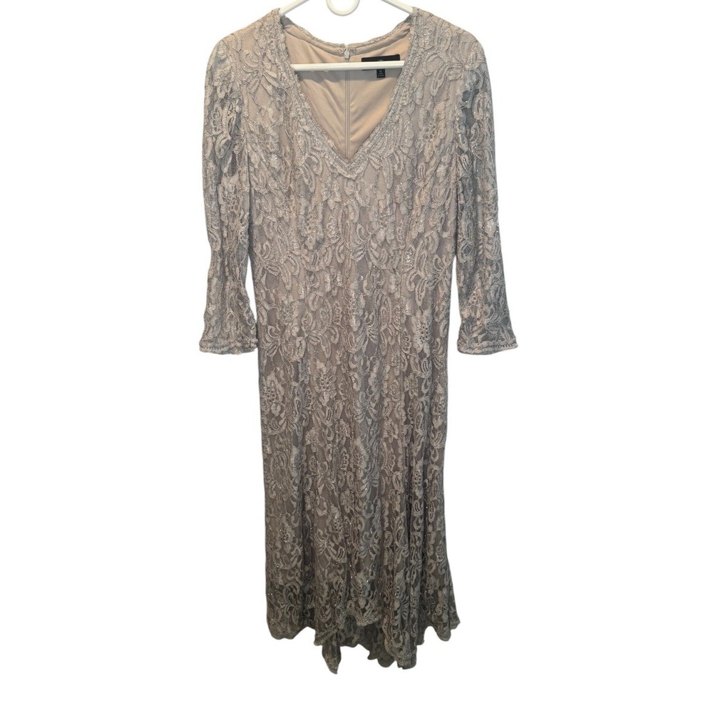 Betsy Adam Womens Beige Lace V-Neck Formal Evening Gown Sz 12 Party Gala